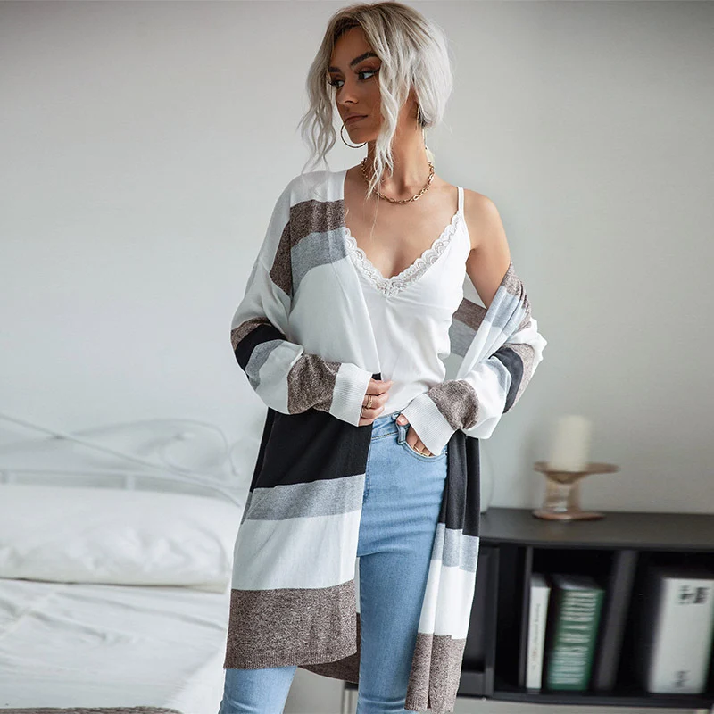 Damen Oversize Langer Strickcardigan mit Blockstreifen und offener Front Nord Taschen