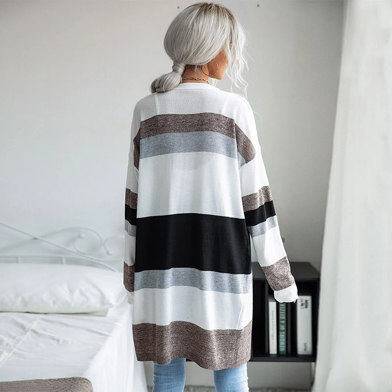 Damen Oversize Langer Strickcardigan mit Blockstreifen und offener Front Nord Taschen