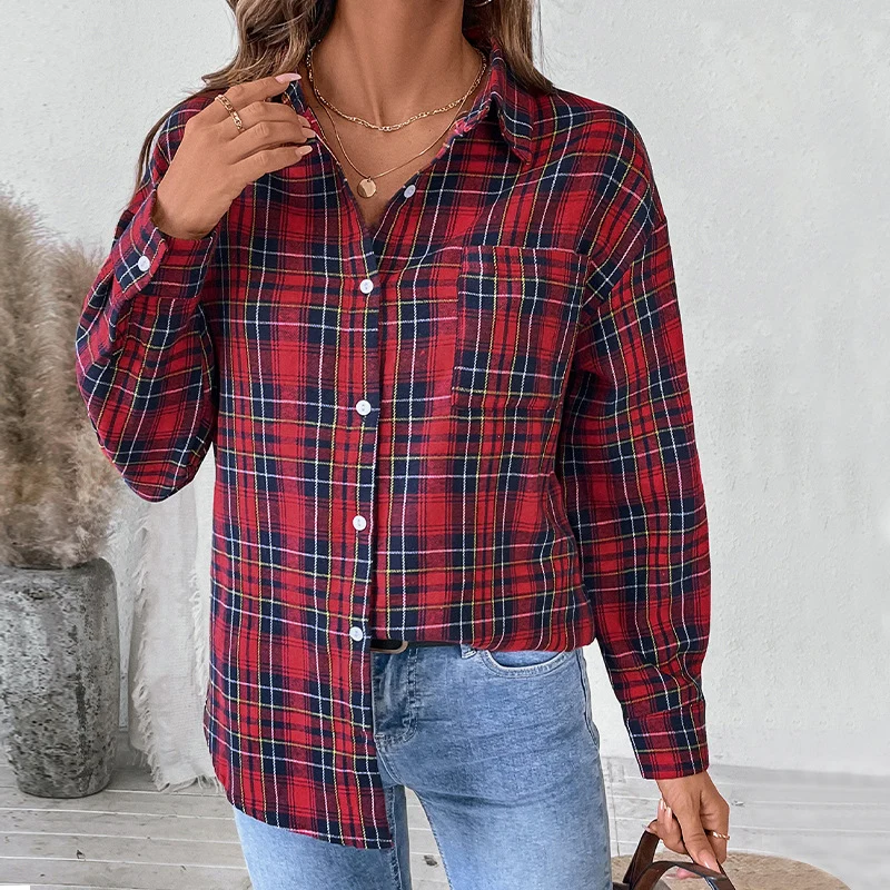 Damen Oversize-Karo-Hemdbluse aus weichem Flanell mit Brusttasche und verlängertem Rückenteil Nord Taschen