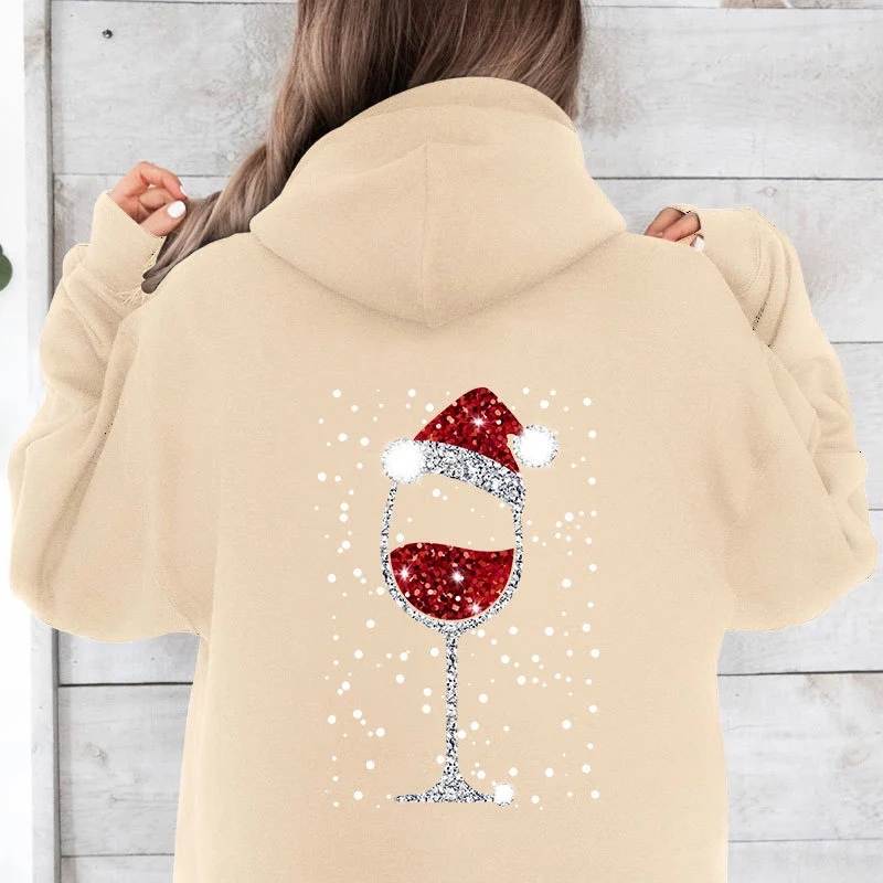 Damen Oversize Kapuzenpullover mit weihnachtlichem Glitzer-Weinglas-Print Nord Taschen
