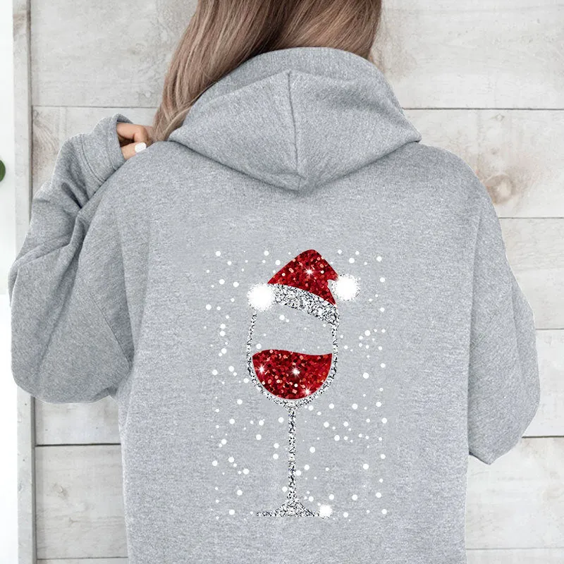 Damen Oversize Kapuzenpullover mit weihnachtlichem Glitzer-Weinglas-Print Nord Taschen