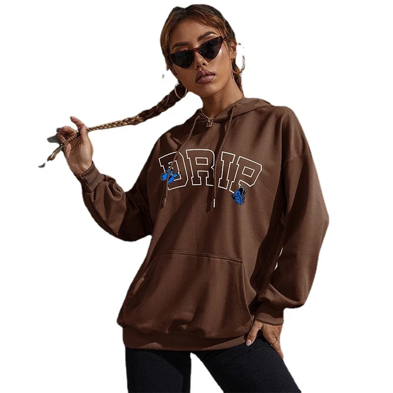 Damen Oversize-Kapuzenpullover mit Kängurutasche und Schmetterling-Stickerei Nord Taschen