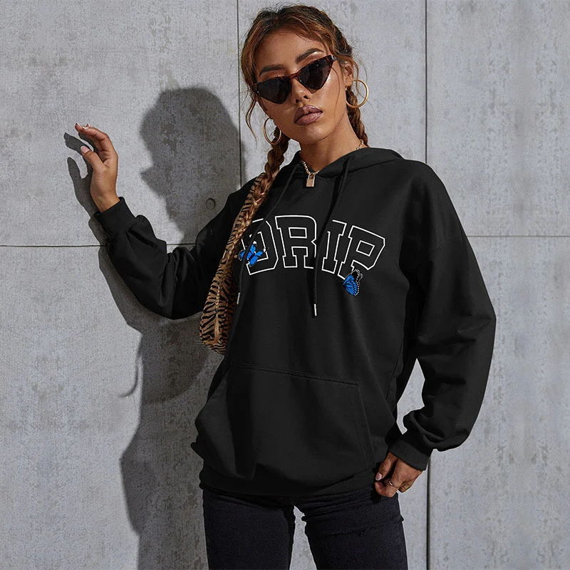 Damen Oversize-Kapuzenpullover mit Kängurutasche und Schmetterling-Stickerei Nord Taschen