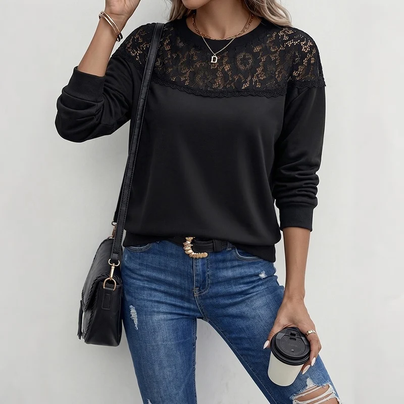 Damen Legeres Langarmshirt mit transparenter Spitzenpasse und Rundhalsausschnitt Nord Taschen