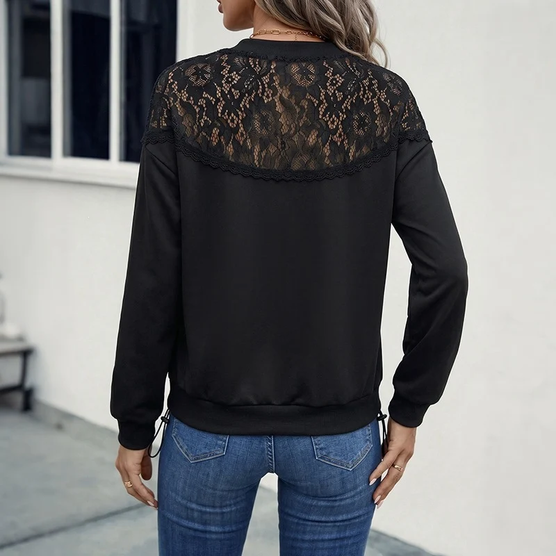 Damen Legeres Langarmshirt mit transparenter Spitzenpasse und Rundhalsausschnitt Nord Taschen