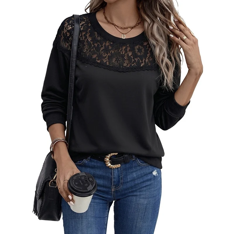 Damen Legeres Langarmshirt mit transparenter Spitzenpasse und Rundhalsausschnitt Nord Taschen