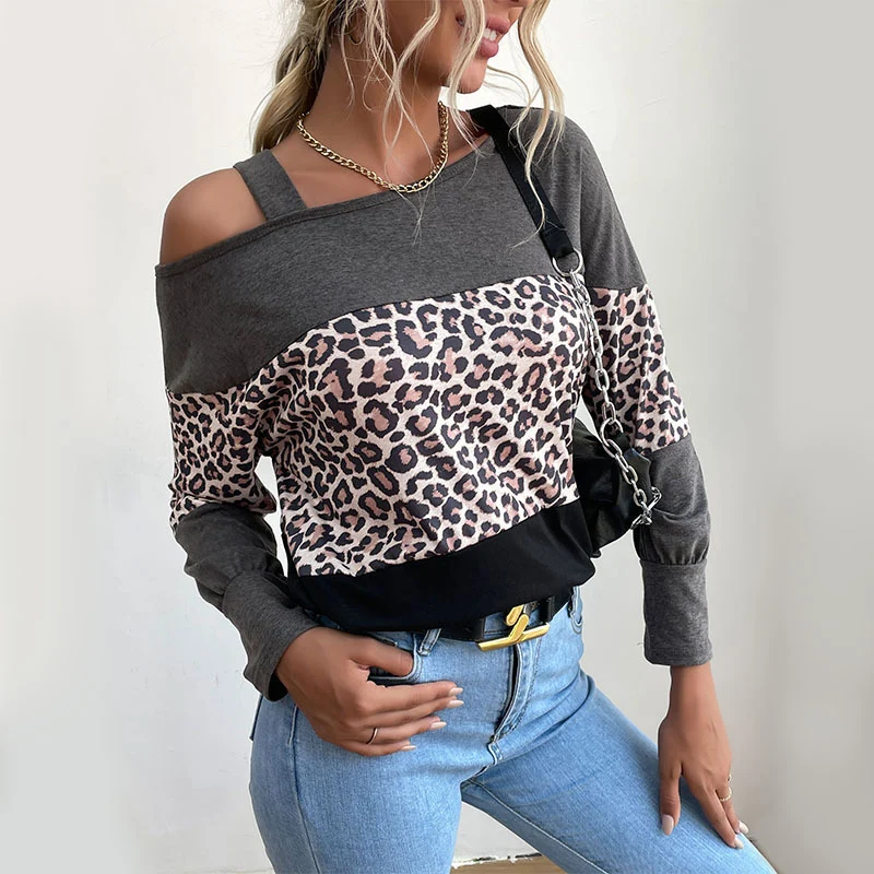 Damen Legerer Off-Shoulder Pullover mit Leoparden‑Print, Kontrastblöcken und Spaghettiträger Nord Taschen
