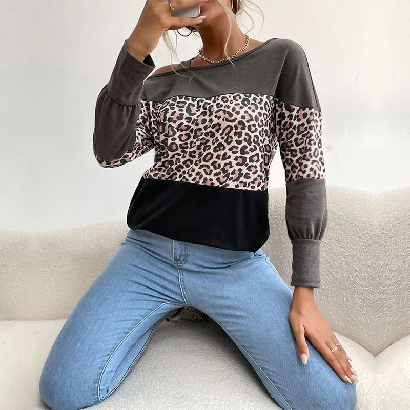 Damen Legerer Off-Shoulder Pullover mit Leoparden‑Print, Kontrastblöcken und Spaghettiträger Nord Taschen