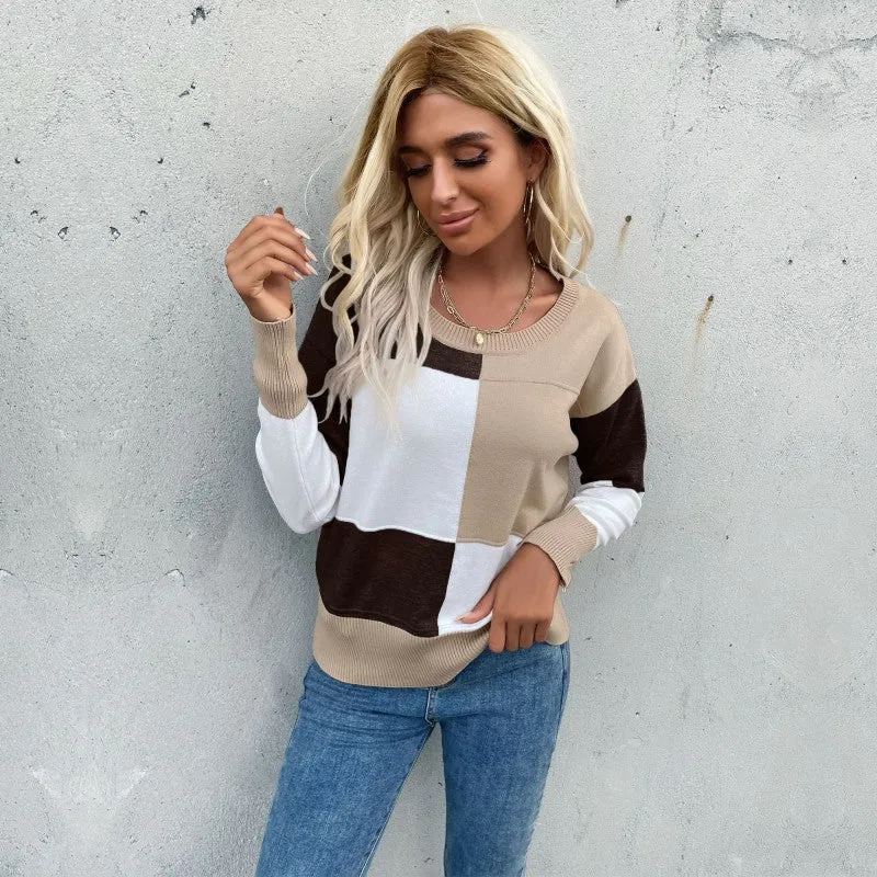 Damen Legerer Feinstrick-Pullover im Blockkaro mit geripptem Saum und lässiger Passform Nord Taschen