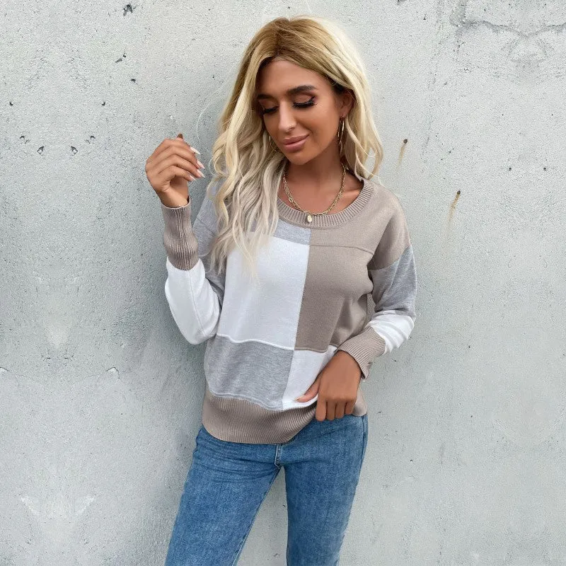 Damen Legerer Feinstrick-Pullover im Blockkaro mit geripptem Saum und lässiger Passform Nord Taschen