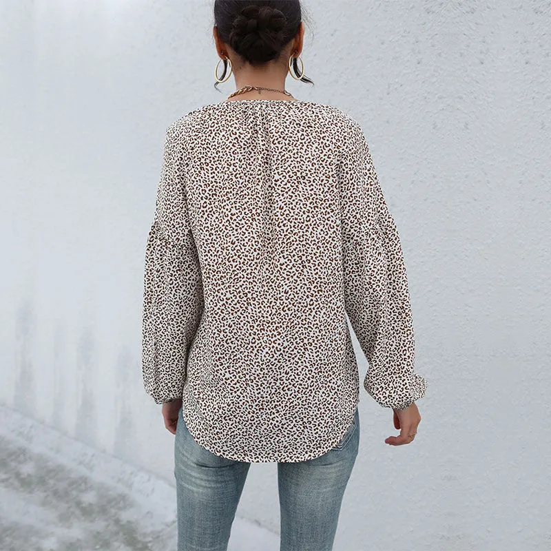 Damen Legere Tunika-Bluse mit feinem Leopardenprint, Knopfleiste und Ballonärmeln Nord Taschen