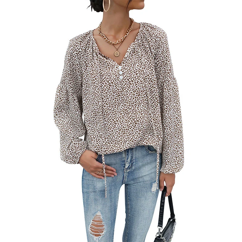 Damen Legere Tunika-Bluse mit feinem Leopardenprint, Knopfleiste und Ballonärmeln Nord Taschen