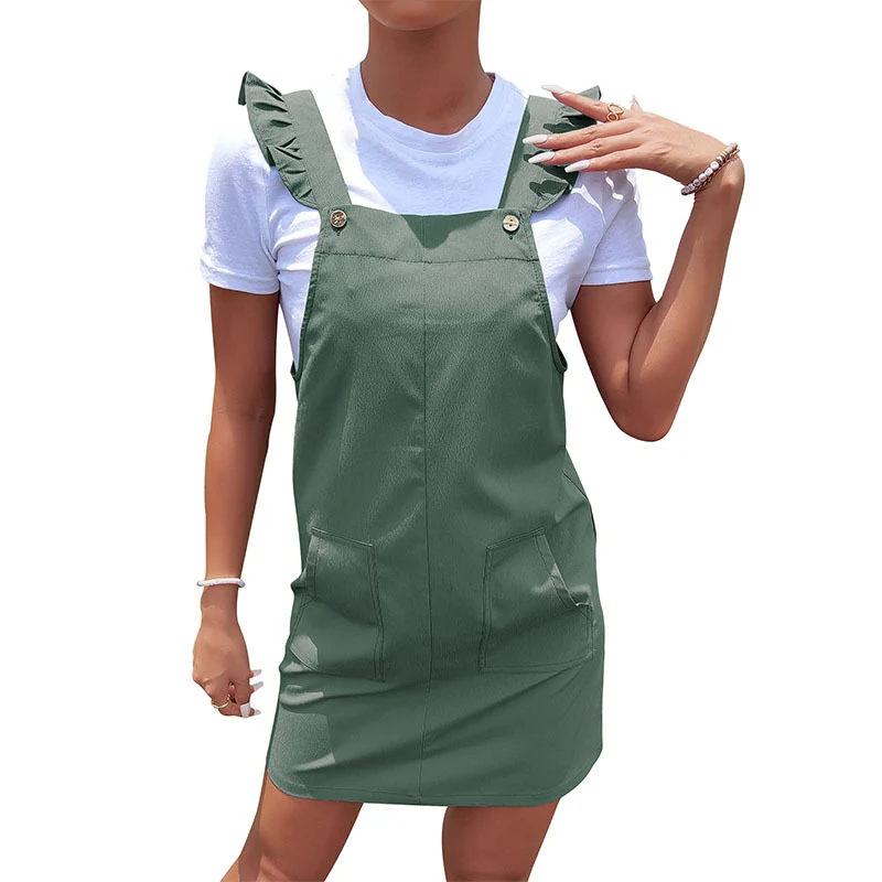 Damen Latzminikleid mit Rüschen-Trägern, aufgesetzten Taschen und lässiger Sommerpassform Nord Taschen