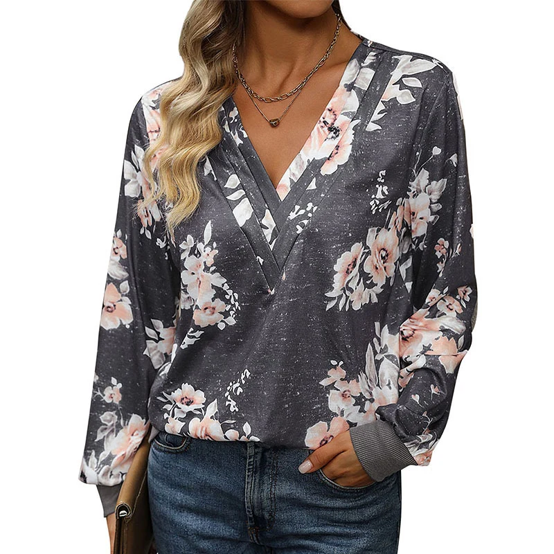 Damen Lässiges V‑Neck Sweatshirt mit floraler Aquarell-Print und gerippten Bündchen Nord Taschen