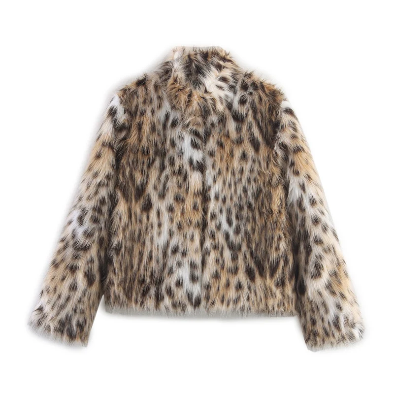 Damen Kurzjacke aus Kunstfell im Leopardenmuster mit Boxy‑Schnitt und Stehkragen Nord Taschen
