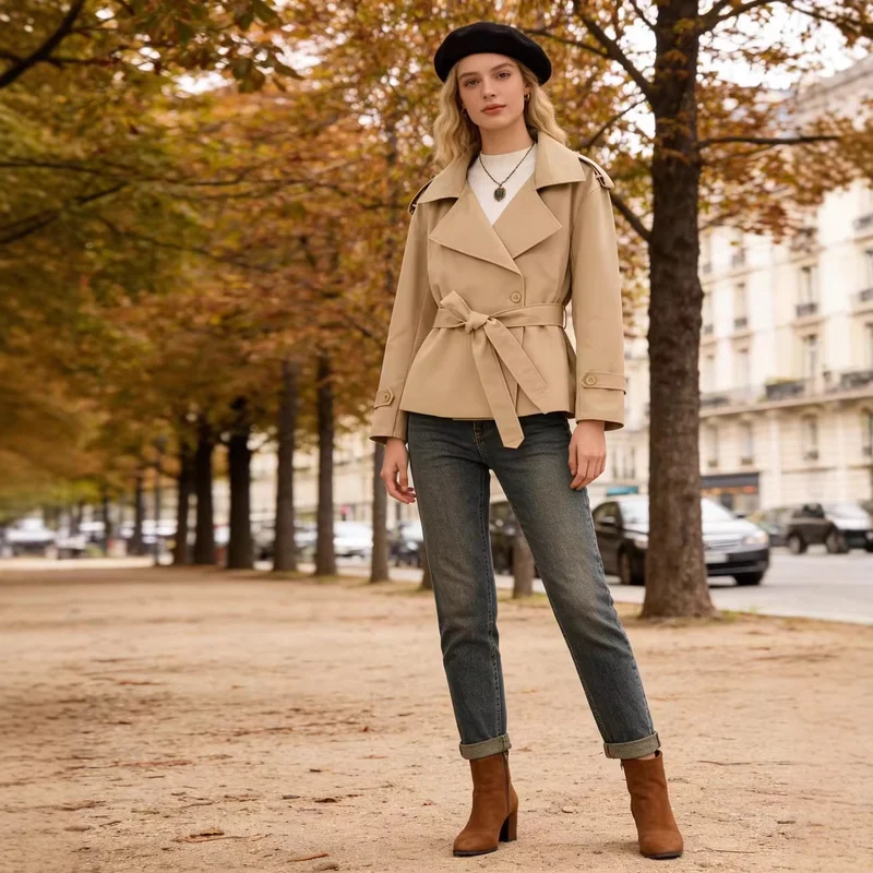 Damen Kurzgeschnittener taillierter Trenchcoat mit Bindegürtel und Schulterklappen Nord Taschen
