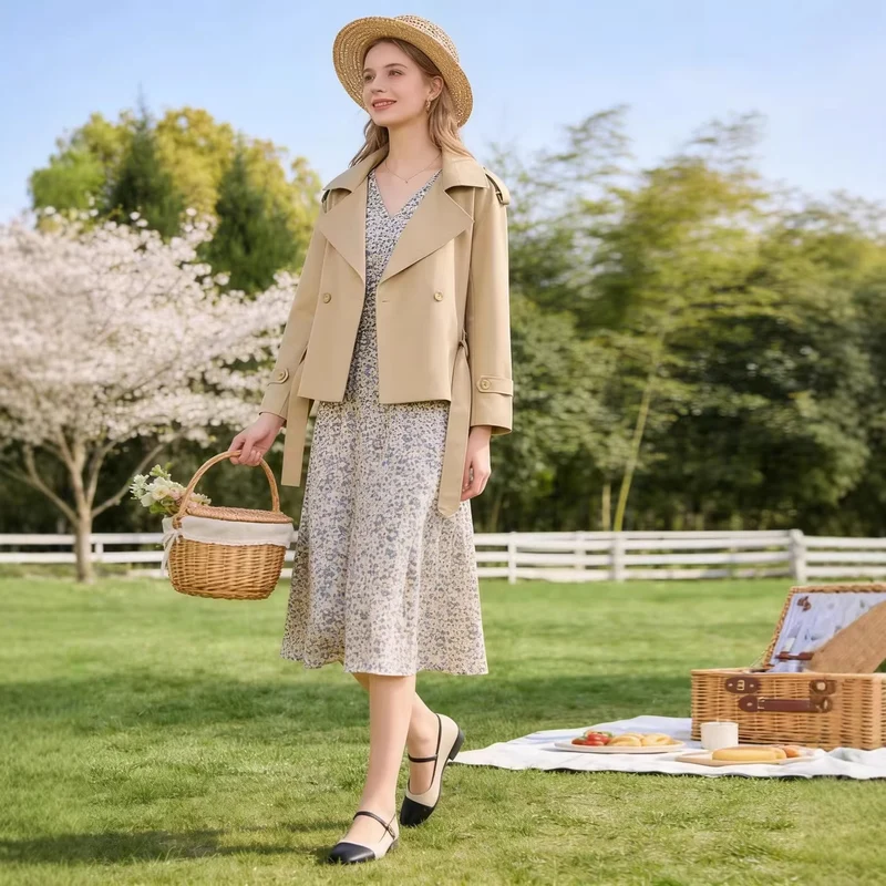 Damen Kurzgeschnittener taillierter Trenchcoat mit Bindegürtel und Schulterklappen Nord Taschen