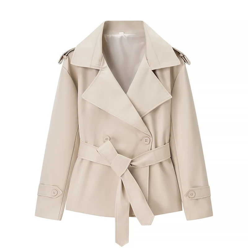 Damen Kurzgeschnittener taillierter Trenchcoat mit Bindegürtel und Schulterklappen Nord Taschen