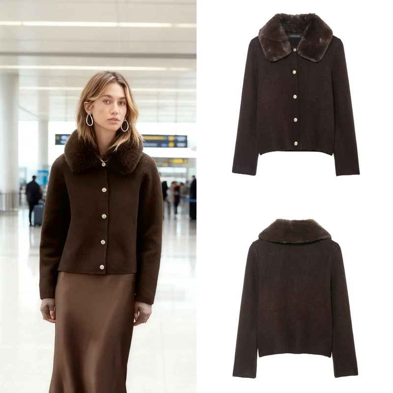 Damen Kurzgeschnittener Strickcardigan mit abnehmbarem Faux‑Fur‑Kragen Nord Taschen