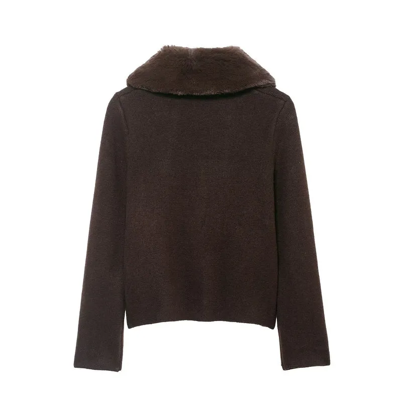 Damen Kurzgeschnittener Strickcardigan mit abnehmbarem Faux‑Fur‑Kragen Nord Taschen