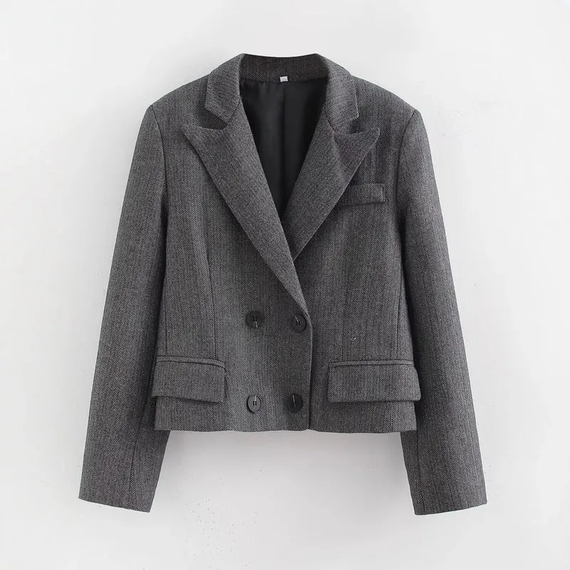 Damen Kurzgeschnittener doppelreihiger Blazer im Fischgrätmuster Nord Taschen