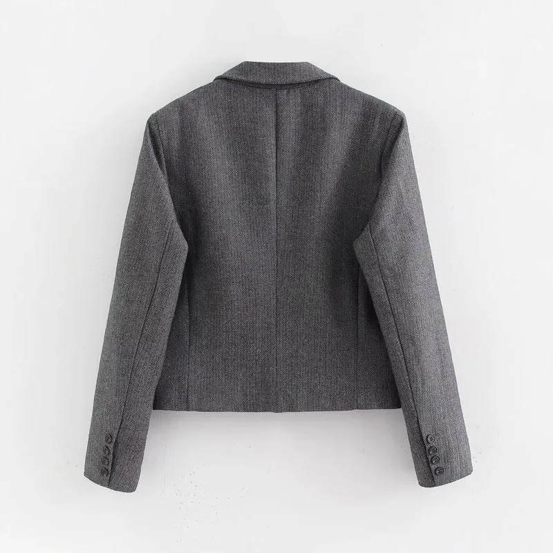 Damen Kurzgeschnittener doppelreihiger Blazer im Fischgrätmuster Nord Taschen