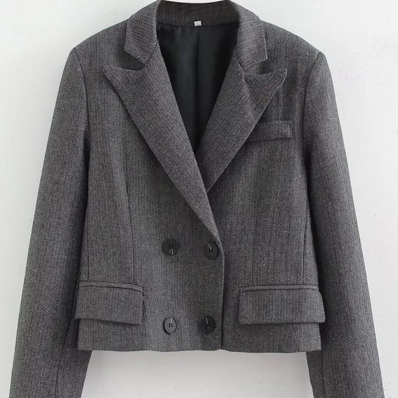 Damen Kurzgeschnittener doppelreihiger Blazer im Fischgrätmuster Nord Taschen