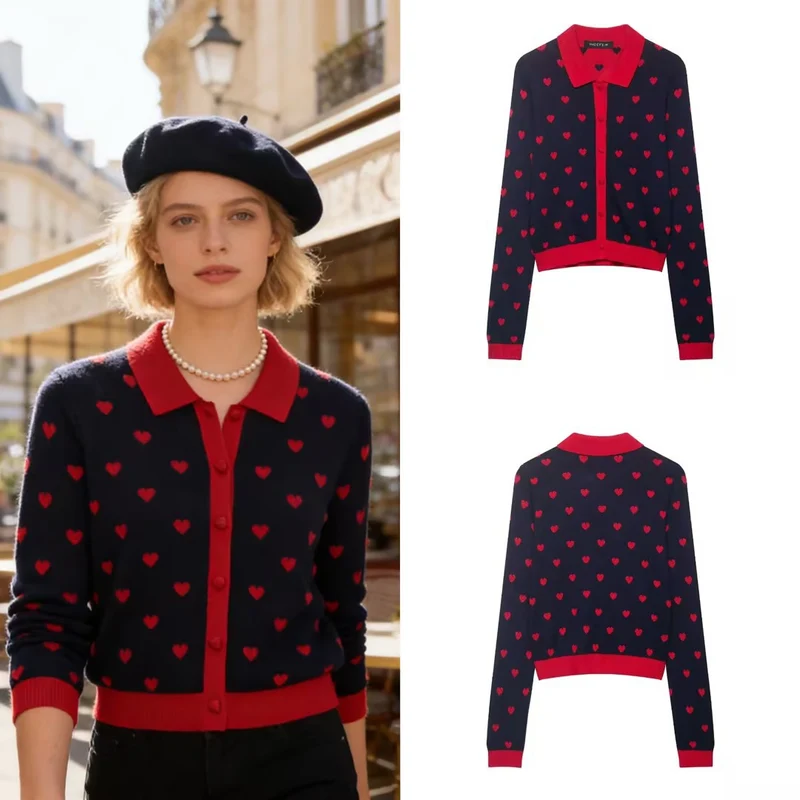 Damen Kurzgeschnittene Strickjacke mit Hemdkragen, Herzjacquard und Knopfleiste Nord Taschen