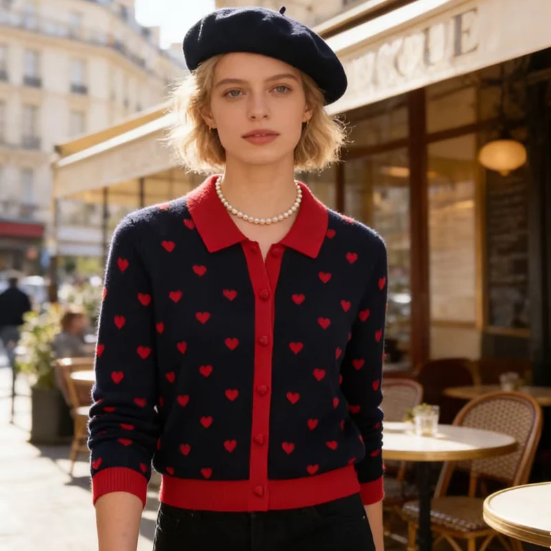 Damen Kurzgeschnittene Strickjacke mit Hemdkragen, Herzjacquard und Knopfleiste Nord Taschen