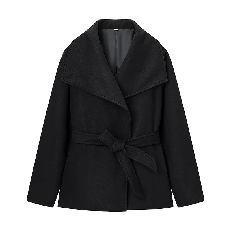 Damen Kurzer Wollmix-Mantel mit weitem Schalkragen und Taillengürtel Nord Taschen