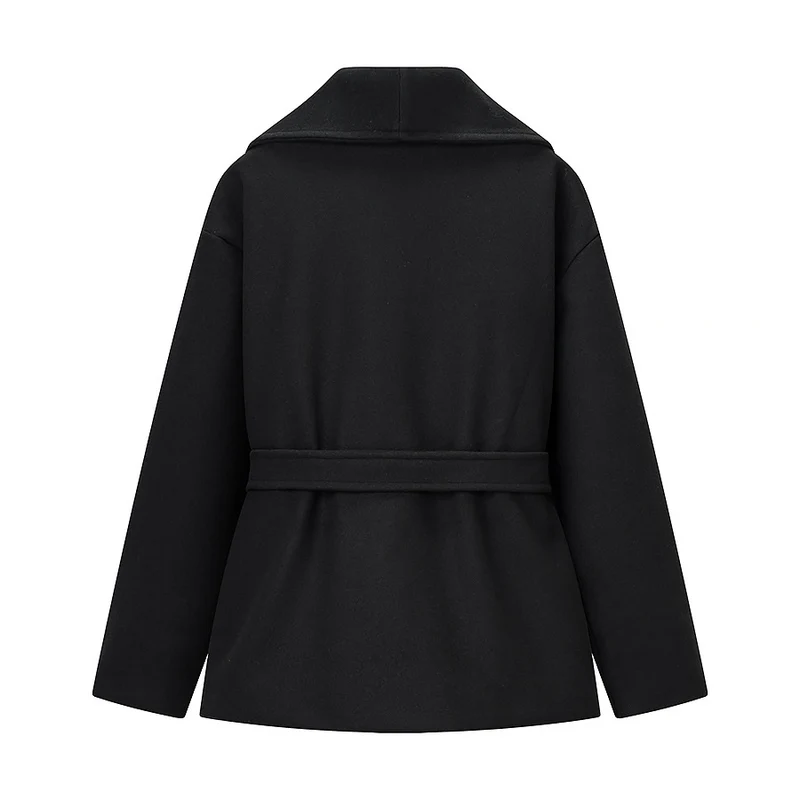 Damen Kurzer Wollmix-Mantel mit weitem Schalkragen und Taillengürtel Nord Taschen