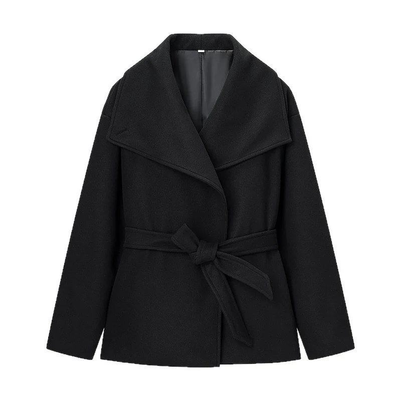 Damen Kurzer Wollmix-Mantel mit weitem Schalkragen und Taillengürtel Nord Taschen