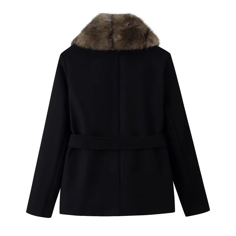 Damen Kurzer Wollmix-Mantel mit abnehmbarem Faux-Fur-Schalkragen und Taillengürtel Nord Taschen