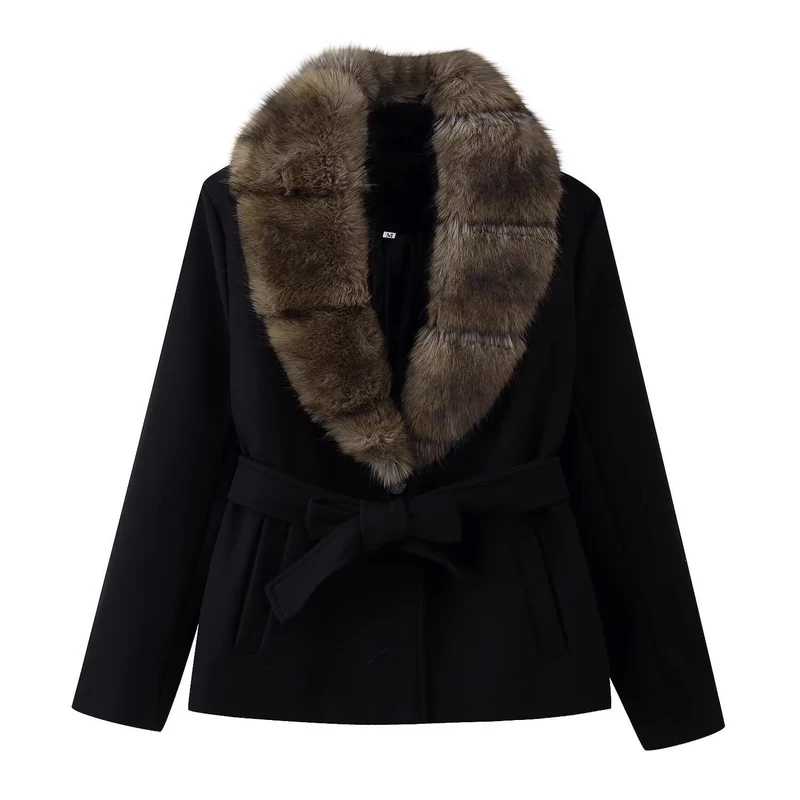 Damen Kurzer Wollmix-Mantel mit abnehmbarem Faux-Fur-Schalkragen und Taillengürtel Nord Taschen