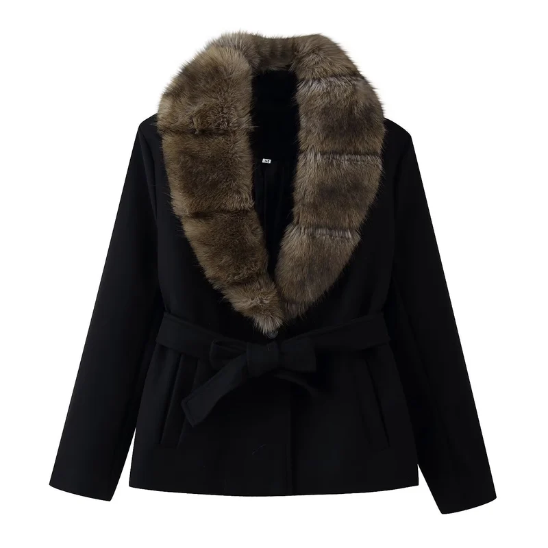Damen Kurzer Wollmix-Mantel mit abnehmbarem Faux-Fur-Schalkragen und Taillengürtel Nord Taschen