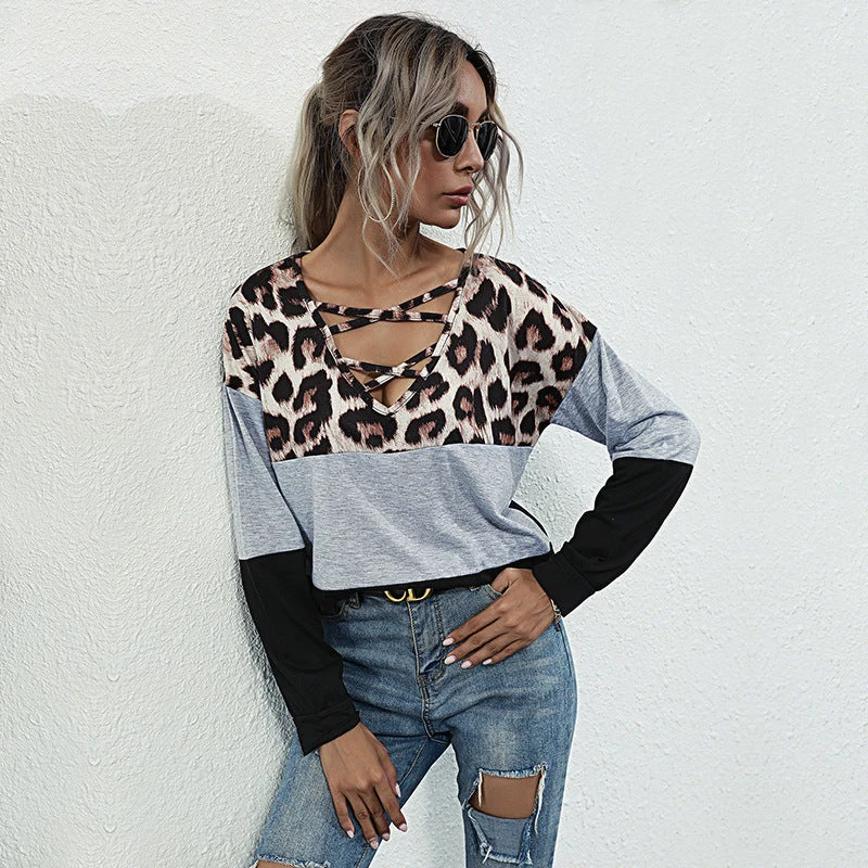 Damen Langarmshirt mit Leoparden-Print Schnürdetail und Colorblock Nord Taschen
