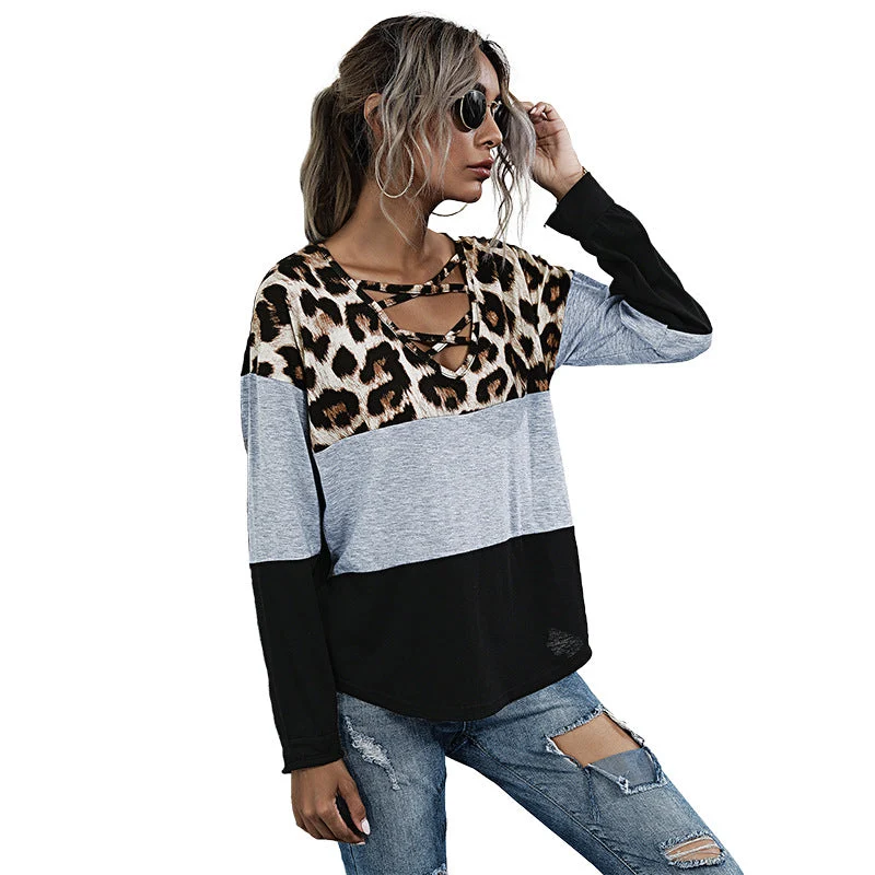 Damen Langarmshirt mit Leoparden-Print Schnürdetail und Colorblock Nord Taschen