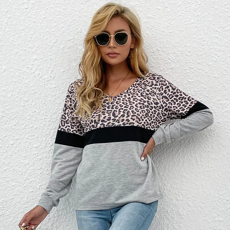 Damen Langarmshirt mit V-Ausschnitt und Leopardenmuster im Colorblock-Design Nord Taschen