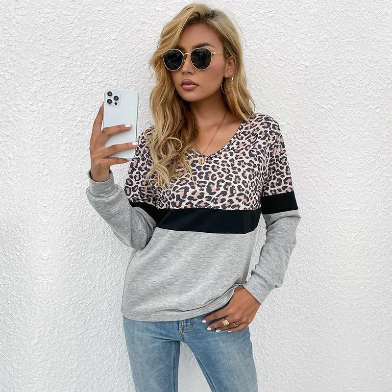 Damen Langarmshirt mit V-Ausschnitt und Leopardenmuster im Colorblock-Design Nord Taschen