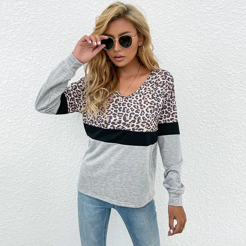 Damen Langarmshirt mit V-Ausschnitt und Leopardenmuster im Colorblock-Design Nord Taschen