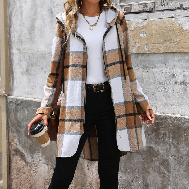 Damen Lange Kapuzen‑Strickjacke mit Karomuster, Reißverschluss & Eingrifftaschen Nord Taschen