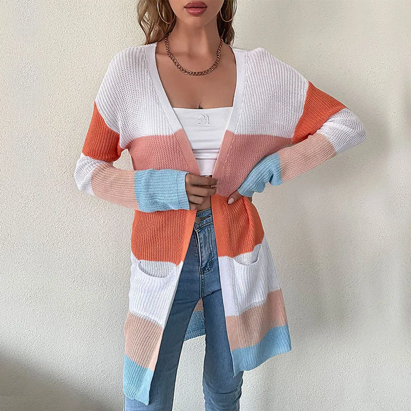 Damen Langer Blockstreifen-Strickcardigan mit offenem Schnitt, Eingrifftaschen und leichter Ajourstruktur Nord Taschen