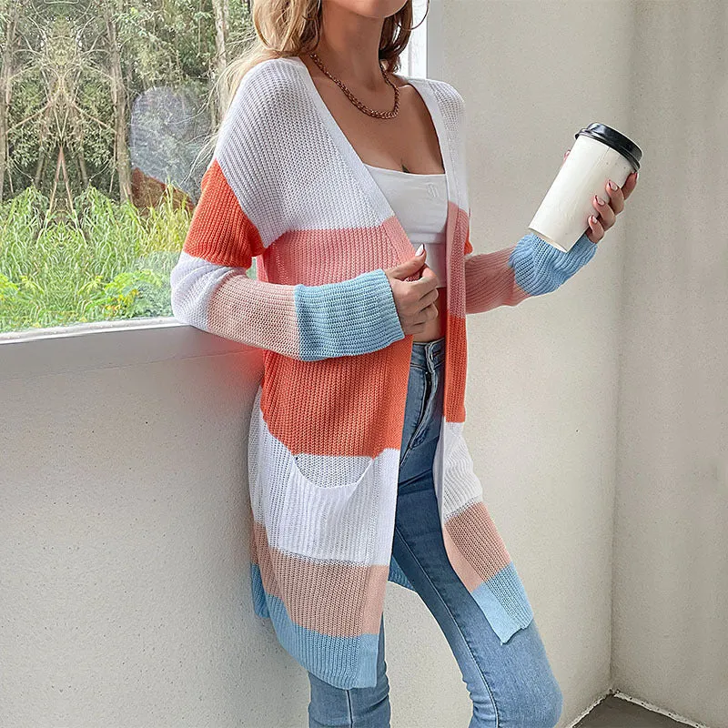 Damen Langer Blockstreifen-Strickcardigan mit offenem Schnitt, Eingrifftaschen und leichter Ajourstruktur Nord Taschen