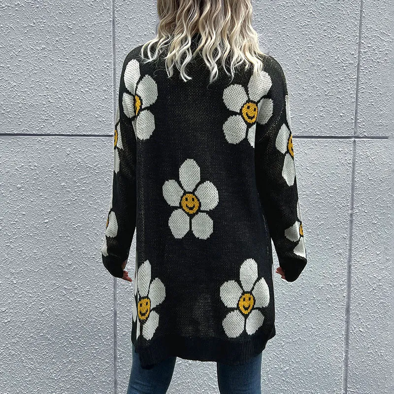 Damen Langer Blumenjacquard-Strickcardigan mit Oversize-Ärmeln und Rippbund Nord Taschen