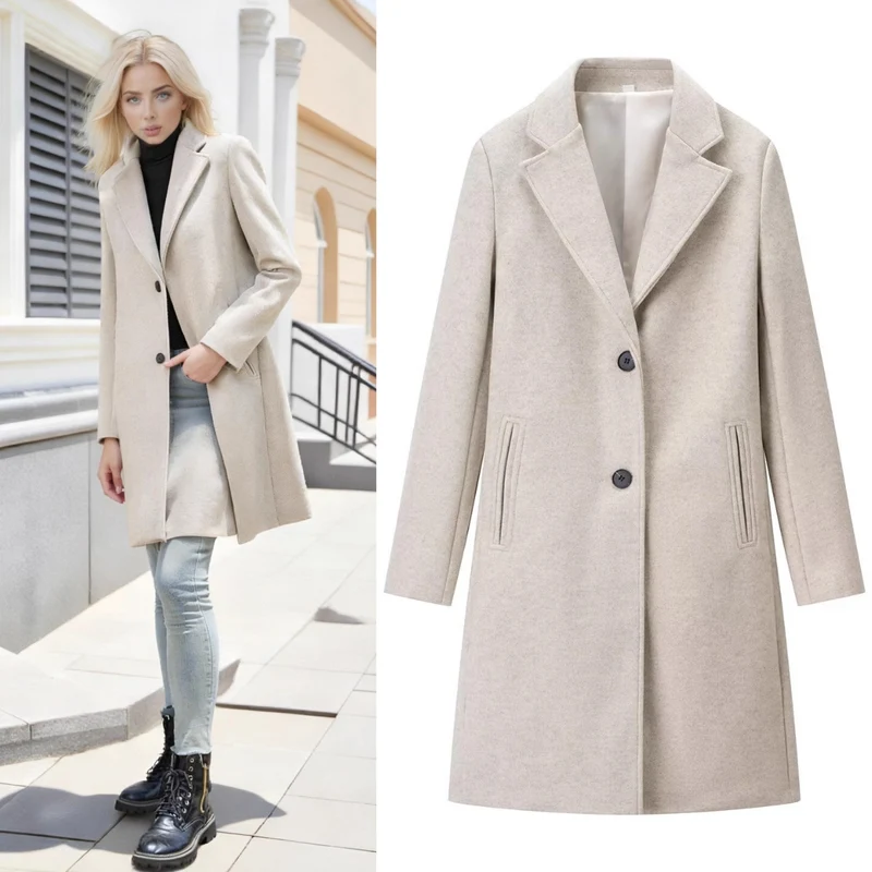 Damen Longline Einreihiger Wollmix-Mantel mit Reverskragen und Leistentaschen Nord Taschen