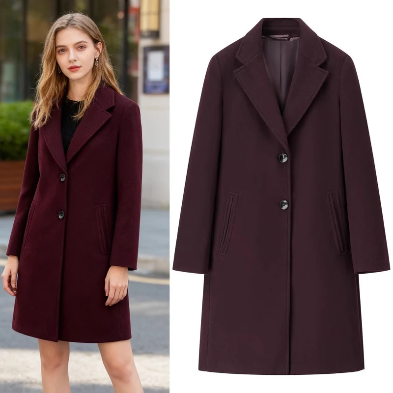 Damen Longline Einreihiger Wollmix-Mantel mit Reverskragen und Leistentaschen Nord Taschen