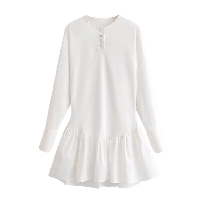 Damen Lockeres Longsleeve Tunika-Kleid mit Henley-Knopfleiste und Stufenrock Nord Taschen