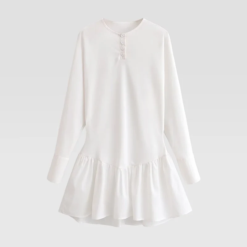 Damen Lockeres Longsleeve Tunika-Kleid mit Henley-Knopfleiste und Stufenrock Nord Taschen