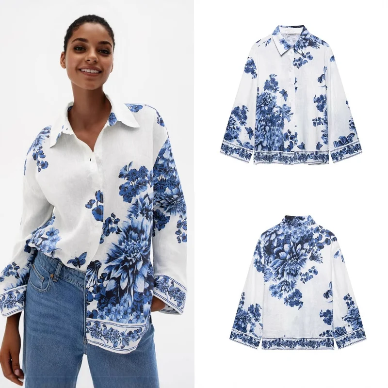Damen Lockeres Hemd mit floralem Alloverprint und durchgehender Knopfleiste Nord Taschen