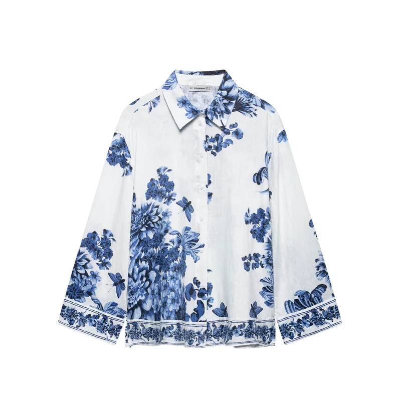 Damen Lockeres Hemd mit floralem Alloverprint und durchgehender Knopfleiste Nord Taschen